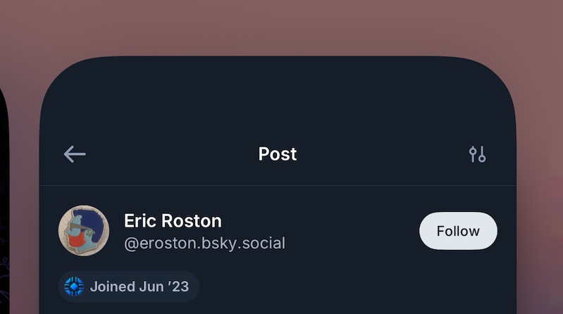 Screenshot of zoomed out version of Bluesky app mid-switching, Follow button is visible